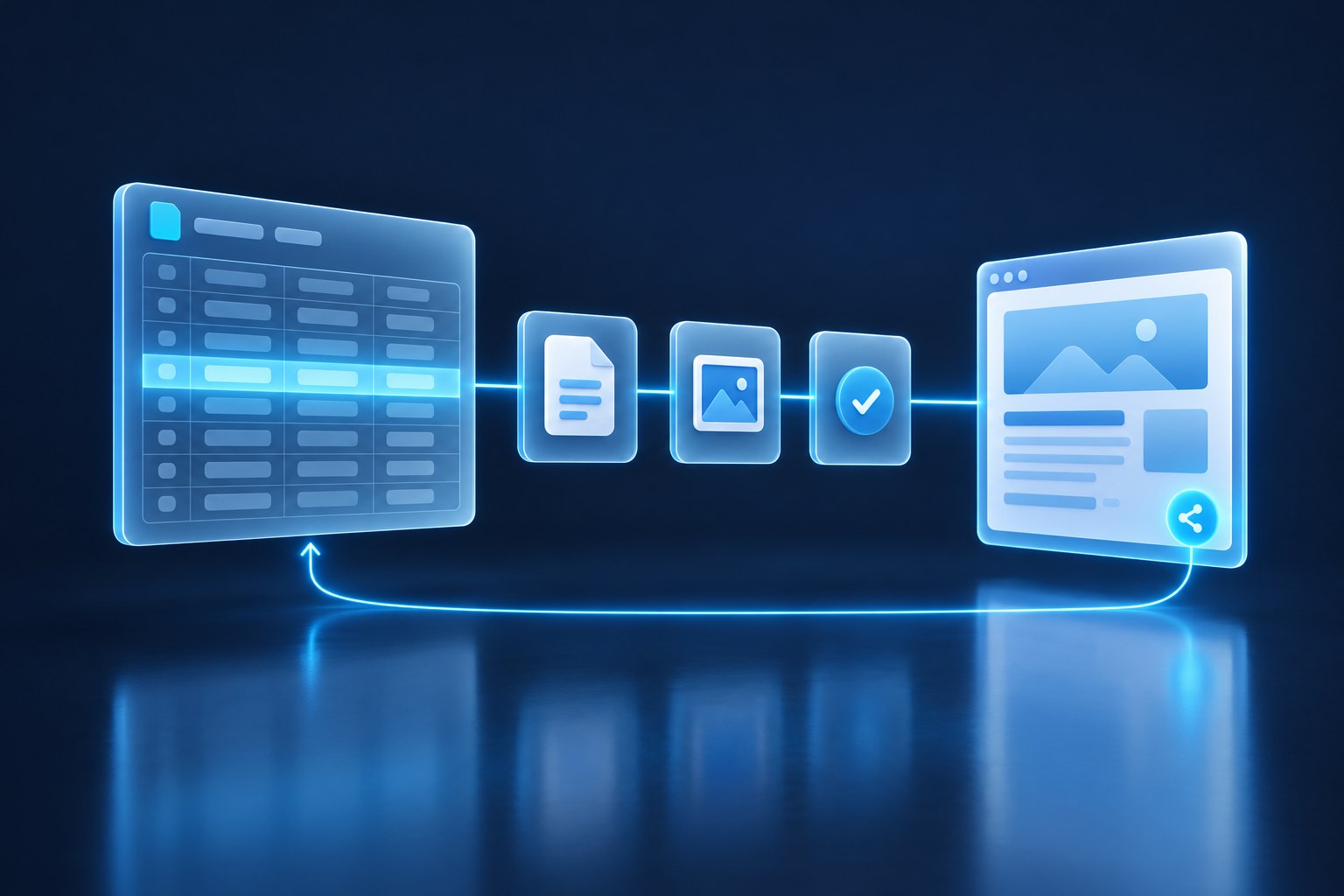 3D render of a frosted-glass spreadsheet panel with one glowing row, linked by a cyan thread through document, image and tick cards to a web page panel, with a thread looping back to the spreadsheet.