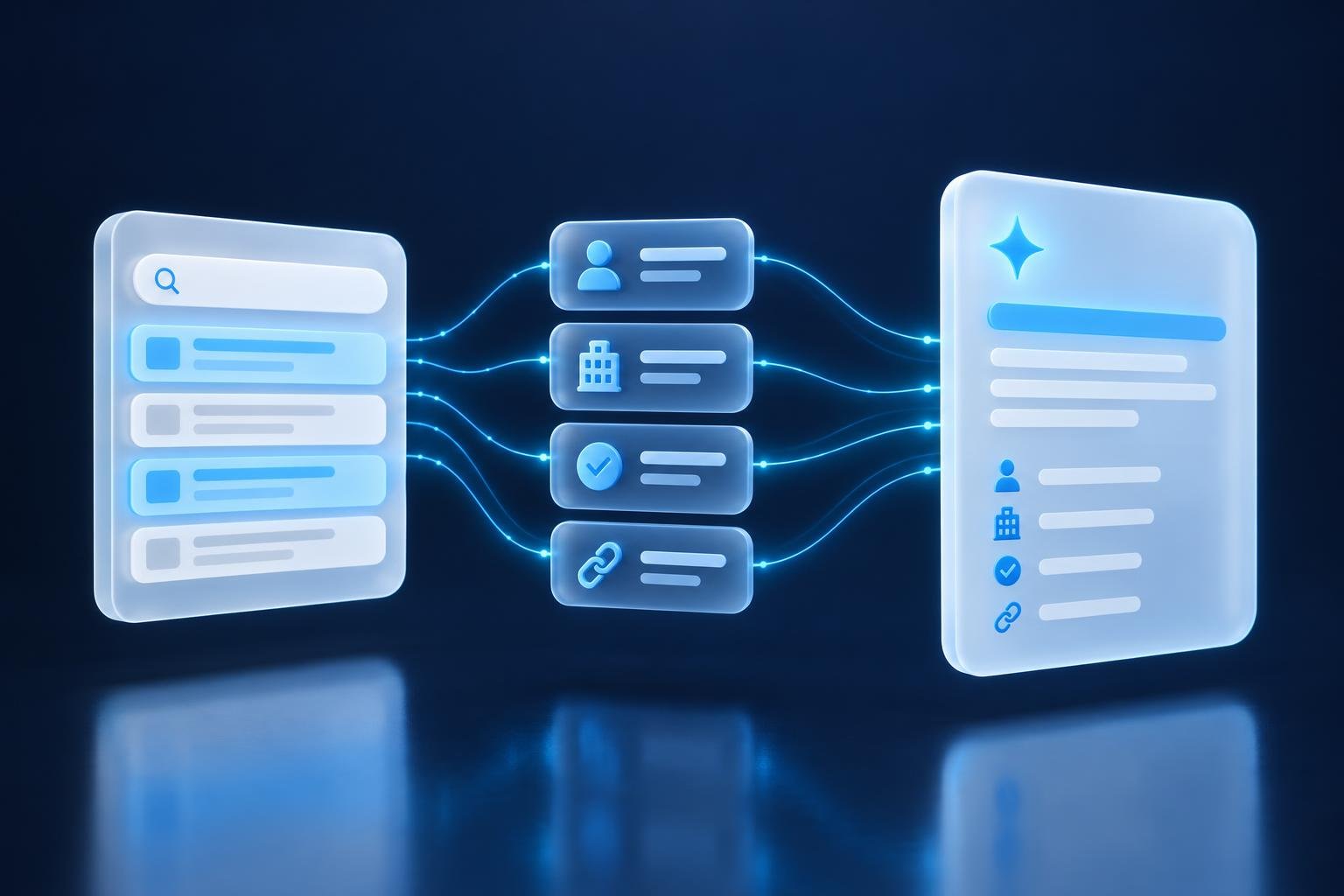 3D render of a search results panel linked by glowing threads to four source cards, which feed into an AI answer panel.